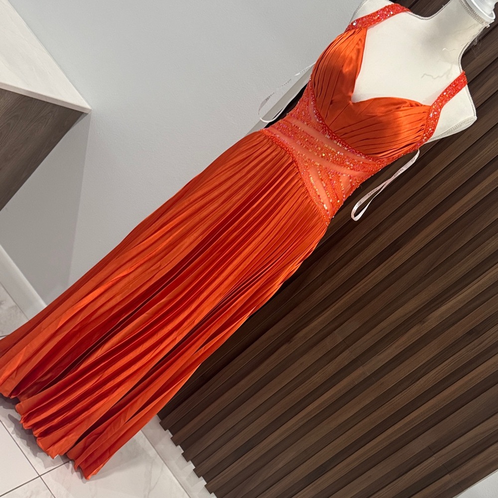 Fiesta Orange Pleated Maxi Dress with Beaded Waist